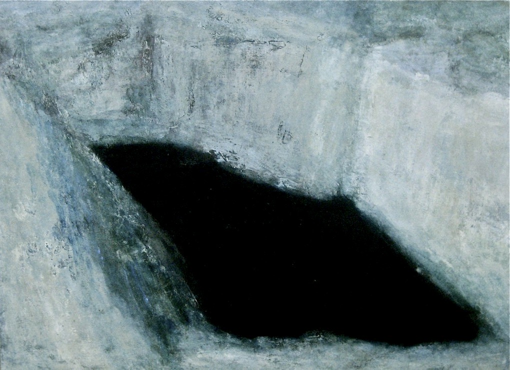 Gwen O’Dowd: Cladach, 2004, oil on canvas, 122 x 168cm | Down to Earth: Irish artists and their environment | Thursday 18 April  – Saturday 25 May 2024 | Hillsboro Fine Art | Image: Gwen O’Dowd: Cladach, 2004, oil on canvas, 122 x 168cm | what looks to be a steep-sided, completely black, large rock pool in the shape, roughly, of a skewed triangle, leaning to the left; the sides of the pool are high and a whitish grey 