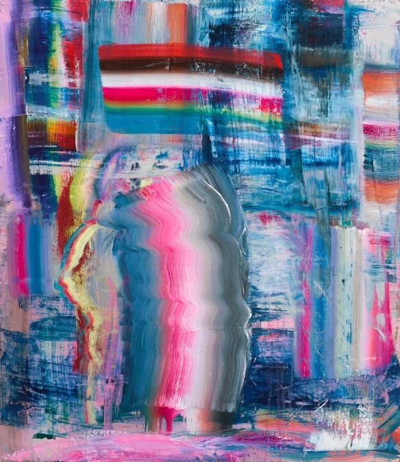 Diana Copperwhite RHA, Foggy Notion, 2022, Oil on canvas, 80 x 70 cm, Image courtesy of the artist. | 194th RHA Annual Exhibition | Monday 20 May  – Sunday 4 August 2024 | Royal Hibernian Academy | Image: Diana Copperwhite RHA, Foggy Notion, 2022, Oil on canvas, 80 x 70 cm, Image courtesy of the artist. | the canvas is covered by loose horizontal and vertical multicoloured stripes of paint crisscrossing each other; they appear more or less scraped on; a bit like layered flags 