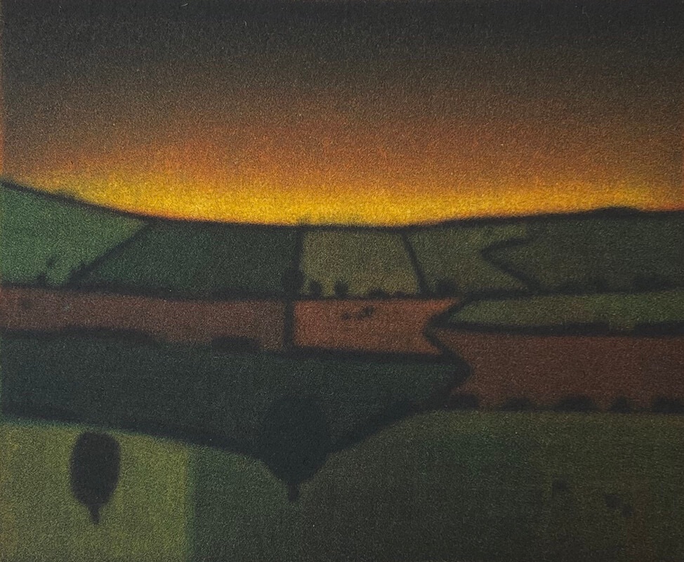 James McCreary: Twilight | Richard Lawlor, James McCreary and Lars Nyberg: Of Night and Light and Half Light | Thursday 2 May  – Thursday 23 May 2024 | SO Fine Art Editions | Image: James McCreary: Twilight | the artwork shows a sunset – the sun is now hidden, but its glow is yellow to orange to brown to black as as the colours reach the top of the canvas; it went down behind fields, which make a pattern of intersecting geometric shapes; the coloration is more or less true to life – green fields (lighter or darker), brown fields where there may be a crop, or ploughed soil; a few trees, somewhat like short lollipops, dot the landscape; their leaves are dark green, though in fact all we see is the overall tree shape 