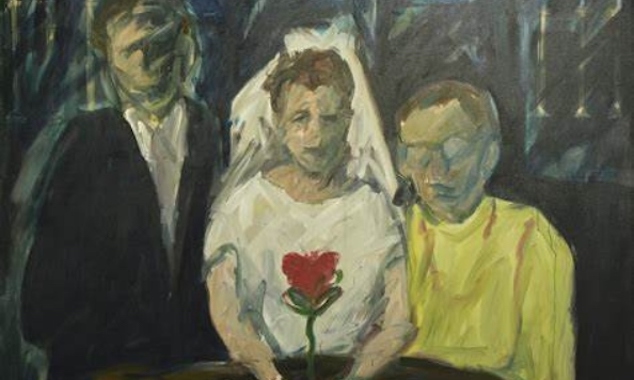 Patricia Hurl: Act of Union (Once Upon a Time), 1986, unframed: 152 h, 182 w cm/ Oil on canvas / IMMA Collection | Patricia Hurl: Irish Gothic | Friday 31 May  – Saturday 29 June 2024 | The Source Arts Centre | Image: Patricia Hurl: Act of Union (Once Upon a Time), 1986, unframed: 152 h, 182 w cm/ Oil on canvas / IMMA Collection | painting, vigorous brushstrokes; we see a couple presumably at or after a wedding; the groom is on the left in black suit; face a smudge of brushstrokes; the bride is in the middle – white veil pulled back, revealing brown hair, unsmiling face, top part of white dress; the bride is possibly holding a flower – we see a stem and leaves and a red, heart-shaped flower; to the bride’s left is an unexplained person in yellow top; short hair and glasses; dark-ish background roughed in 