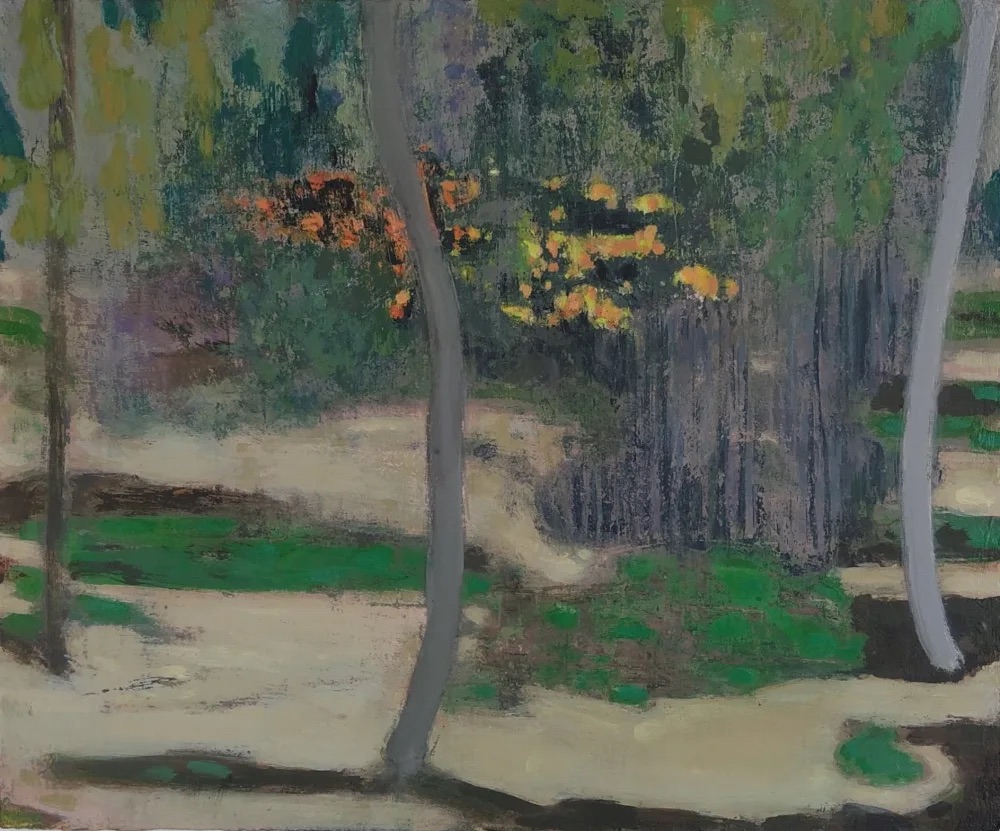 Clifford Collie: Small cluster, acrylic on canvas board | Spring Group Show | Thursday 4 April  – Saturday 27 April 2024 | Solomon Fine Art | Image: Clifford Collie: Small cluster, acrylic on canvas board | probably a woodland scene, with three tree trunks visible, two of them grey (centre and right edge) and one darker and a bit brown (left edge); there seems to be large patches of sunlight with suggestions of shade as well, and patches of bright-ish green on the ground as well; the foliage is in shades of green and yellow, though there is a glowing patch behind the middle tree trunk that has spots and small shapes of bright orange and yellow 