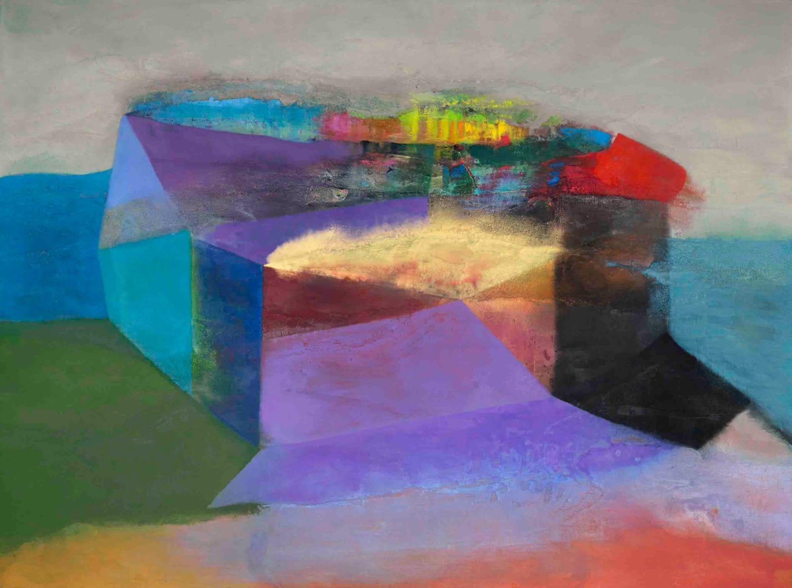 Tom Climent: Gateway, 2024, oil, plaster & sand on canvas, 183 X 244 cm | Tom Climent: Pilgrim | Thursday 2 May  – Saturday 25 May 2024 | Solomon Fine Art | Image: Tom Climent: Gateway, 2024, oil, plaster & sand on canvas, 183 X 244 cm | very difficult to describe; intersecting and overlapping patches of colour, some stronger / more saturated than others – e..g, a very strong, smallish patch of red, a patch of mid-blue, and so on; it is possible to gain the impression of a simple house-like structure, with a very funkily coloured roof and a strong glow – golden yellow – coming from a lozenge shaped patch on its façade 