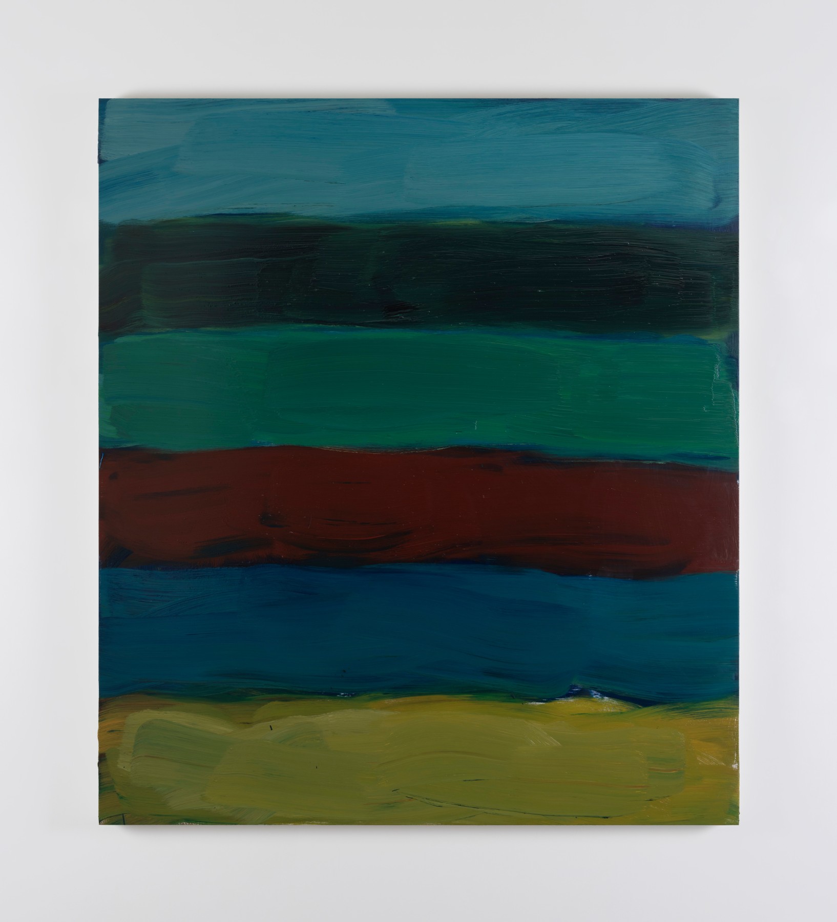 Sean Scully, Landline Green Yellow, 2024, oil on aluminium, 152.4 x 134.6 cm | like the light at the beginning of the world | Friday 12 April  – Saturday 18 May 2024 | Kerlin Gallery | Image: Sean Scully, Landline Green Yellow, 2024, oil on aluminium, 152.4 x 134.6 cm  | the canvas is slightly taller than it is wide; there are six horizontal lines of paint on it (over underpainting); their colours are, roughly, medium greyish blue, steely black, gentle grey-green, burgundy, darkish mid-blue, lemony yellow 