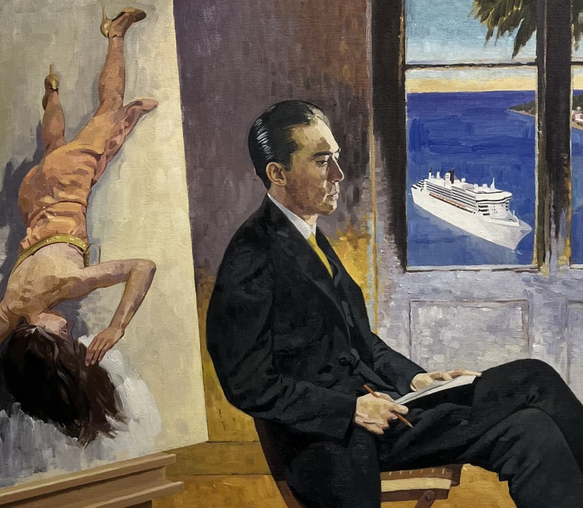 Colin Harrison: The inverted woman and the artist, oil on canvas, 54 x 45 cm | Colin Harrison: Late Works | Friday 3 May  – Saturday 25 May 2024 | Taylor Galleries | Image: Colin Harrison: The inverted woman and the artist, oil on canvas, 54 x 45 cm | fairly realistically painted canvas showing the artist sitting on a chair, in the middle of the canvas but in profile, facing to our right; we seem to be in a warm country – hint of a palm tree and a cruise ship on blue ocean out the window that occupies about a sixth of the canvas, top right; behind the artist, on the right side of the image, we see a large canvas which depicts what is apparently a figure in a peach, off-shoulder dress and gold high-heel shes lying on a white floor; the canvas-in-a-canvas is probably rotated, such that the depicted figure in the second canvas is more or less head down, with the feet towards the top; pleasant colours throughout 