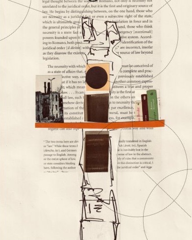 Vagabond Reviews: Emergency Knowledge: The Missing Archives | Friday 12 April  – Saturday 11 May 2024 | The LAB | Image: collage on a white background; centred on the background is a page from a book (probably); across this page is what could be a bookshelf, with three books at its right end and a photo of a derelict building at the left end and shapes that are harder to interpret in the middle, above and below this bookshelf – squiggly drawings in black ink or marker, a black circle / disk on an orange background, darkish rough rectangles that are hard to interpret; overlaid on all this is a pattern of outlines of circles and also straight lines 