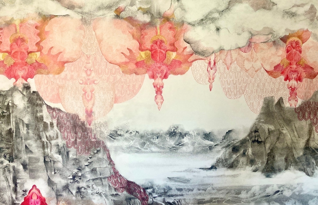 Bláthnaid Ní Mhúrchu, Ceathrar Chailleacha na Mumhan (The Four Hags of Munster), 2024, Charcoal & polychromos, 150 x 190cm, Image courtesy of the artist. | Resolve | Tuesday 21 May  – Sunday 9 June 2024 | Royal Hibernian Academy | Images: Bláthnaid Ní Mhúrchu, Ceathrar Chailleacha na Mumhan (The Four Hags of Munster), 2024, Charcoal & polychromos, 150 x 190cm, Image courtesy of the artist | there is what looks pretty much like a Chines landscape painting – greyscale mountains against cream and white; but superimposed are reddish-yellowish patterns that look somewhat like Rorschach blobs, somewhat like transected flowers; they float in the sky and one appears to rise from bottom left 