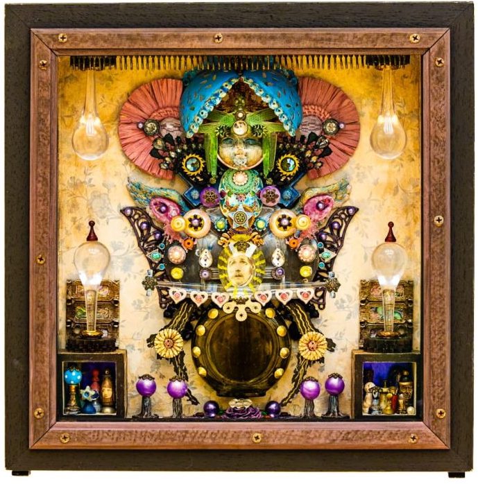 Scott Ramsey: Catharsis | Friday 10 May  – Friday 17 May 2024 | Atypical Gallery | Image: photo of a box, vaguely reminiscent of Joseph Cornell boxes, but full of a lot more excitement – decorative bawbels of all sorts assembled carefully to make a symmetrical central design that is sort of richly ‘oriental’; it might be a shrine to a deity, it might be a self-portrait (there is a small photo of a face) 