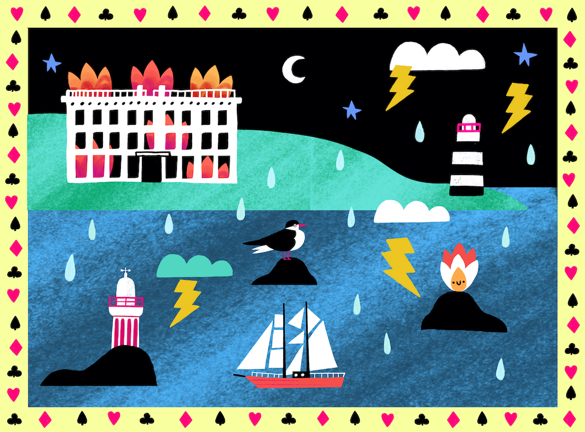 Kathi Burke: The Tapestry Room | Saturday 25 May  – Saturday 17 August 2024 | Garter Lane Arts Centre | Image: somewhat cartoonish flat design; suits of playing cards form a frame around a scene with a hill, sea,  two lighthouses, a schooner, a small volcano (?), rain, a mansion on fire on the hill, stars in a black sky, a crescent moon, a cloud with lightning coming from it, lightning on its own, a seabird on a black rock a green cloud over the sea but below the hill with lightning coming from it, and more… 