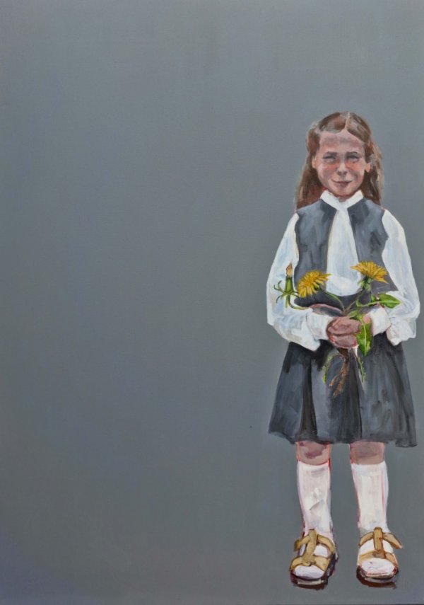 Bernadette Doolan: Same but Different | Friday 24 May  – Tuesday 11 June 2024 | The LAB | Image: painting of a schoolgirl, probably in school uniform (which is grey skirt, grey top, white blouse, grey armless top, what looks look a wide white cravat, white knee-high socks, tan sandals, long hair, dark blonde, pleased or embarrassed expression; looking straight at the view from the right side of the canvas; the background / rest of the canvas is a uniform mid-grey; the girl is holding a flower, which looks to be two to four very large dandelions, with some leaves and roots  