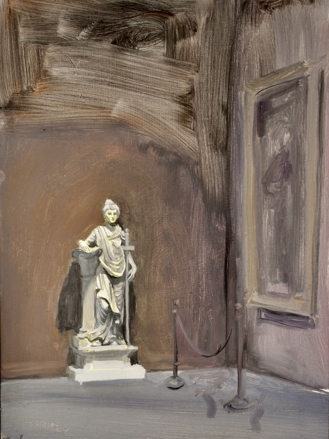 Eithne Jordan, Pedestal II, gouache on panel, 30 x 23 cm | Gallery & Invited Artists: Summer Exhibition | Thursday 30 May  – Sunday 28 July 2024 | Hillsboro Fine Art | Image: Eithne Jordan, Pedestal II, gouache on panel, 30 x 23 cm | painting of a Greek-style, white sculpture near the corner of a room in an at gallery; the figure is full-body, standing, right arm curving around where the head of a bust may once have been on a pedestal; between the body and the left arm is what may be a cross – the shaft is unusually long; the figure is full clothed in swirling cloth; the figure is looking straight ahead; to the right of the figure and at ninety degrees is an indication of a tall painting, before which is a simple rope barrier 