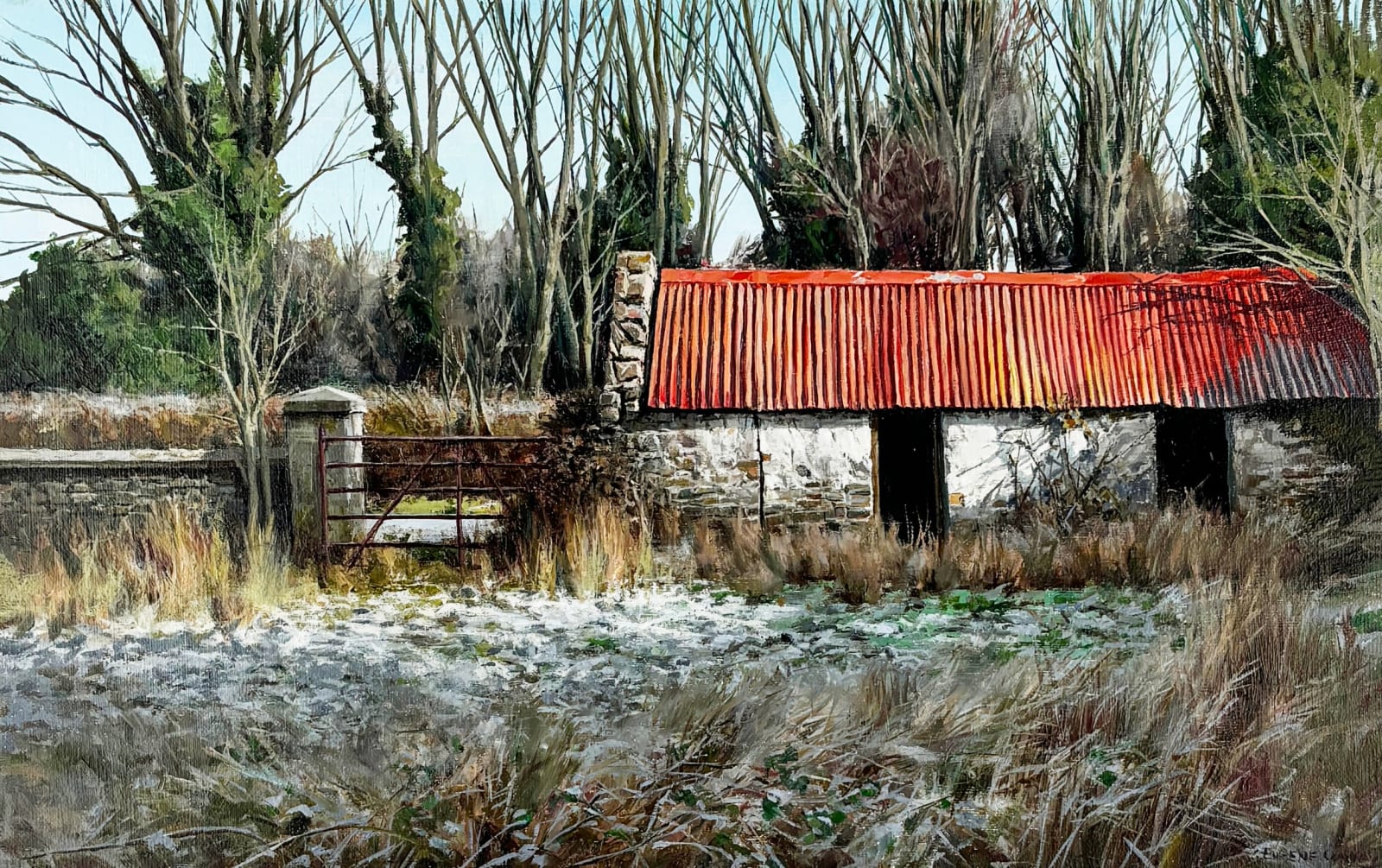 Eugene Conway: Winter Barn, oil on canvas, 14 1/8 x 22” / 36 x 56cm | Eugene Conway: Memories of Home | Saturday 11 May  – Thursday 30 May 2024 | Gormleys Fine Art, Dublin | Image: Eugene Conway: Winter Barn, oil on canvas, 14 1/8 x 22” / 36 x 56cm |  realistic painting of a farm shed in wintertime – red corrugated-iron room, stone walls with signs of former whitewashing or plaster, missing doors showing us black interiors; we see the shed across frost-covered grass; to the left of the shed as we look at it is a very standard-issue farm gate, closed, and through it we see a narrow road with hedge opposite, then bare trees except for ivy crawling all over them, against a pale-blue sky with hints of hazy cloud; to the left of the gate is a capped stone will, with pillar for the gate 