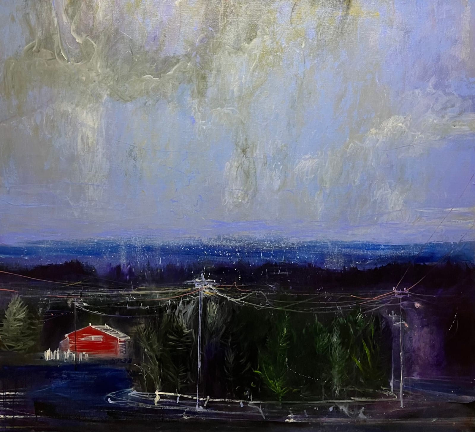 Patricia Burns: Newfoundland Paintings | Thursday 30 May  – Saturday 22 June 2024 | Taylor Galleries | Image: Patricia Burns: Blue Rain 2, 2024, oil on canvas, 137 x 152cm | towards the bottom left of the painting we see a one-storey (probably) house in slight perspective, though mostly gable-end-on; the gable itself is a strong red; there is a hint that it is a the edge of a dark-blue road; we also see telegraph poles with wires strung between them, and suggestion of tall conifers near and dark, foreground and background; behind them is what may be the sea; overhead – half the painting or more is sky – are grubby, tattered clouds 