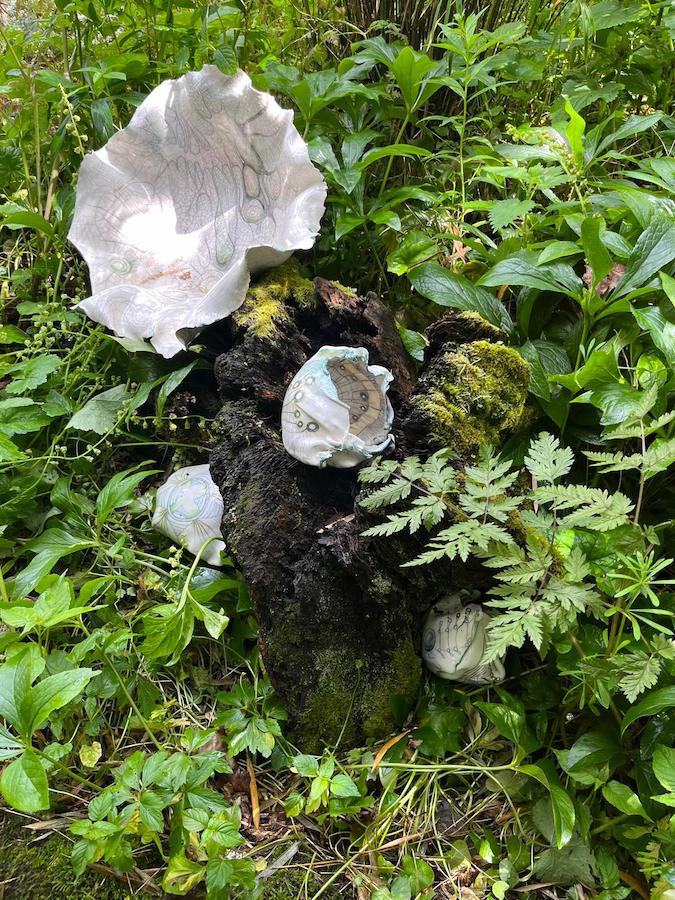 Ephemeral | Saturday 1 June  – Wednesday 31 July 2024 |  | Image: photo of an artwork in among wild plants and what appears to be the stump of a tree; the artwork is in four parts nestled in the greenery; the items may be ceramic, but very thin, so that they seem also like paper, with very delicate patterns on them; it’s sunny 