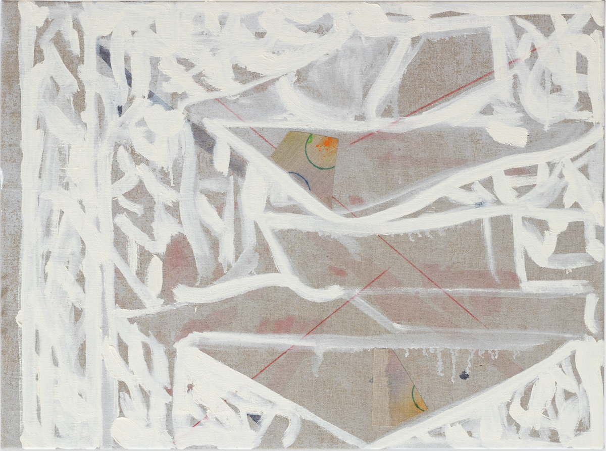 Patrick Michael Fitzgerald: Gort - October, 2023, acrylic, colour pencil and oil paint on linen 54 x 73cm; © Patrick Michael Fitzgerald | Patrick Michael Fitzgerald: Port of call | Saturday 20 July  – Saturday 31 August 2024 | College Lane Gallery | Image: Patrick Michael Fitzgerald: Gort - October, 2023, acrylic, colour pencil and oil paint on linen 54 x 73cm | seems to be an entirely abstract painting; we see some markings on the background, in particular four thin, straight red lines; the background, which is raw-linen-coloured, is painted over with stokes of white paint, some of them outlining geometric shapes, others hinting somewhat at organic matter, as seen from above, perhaps 