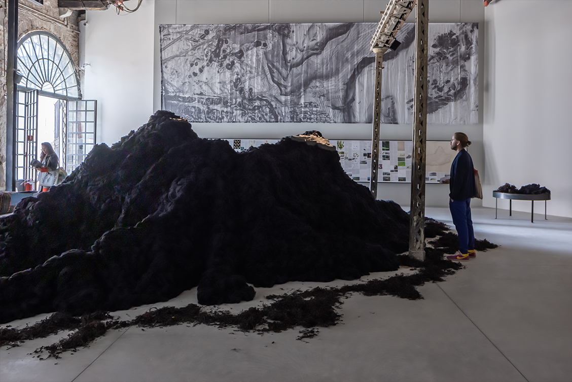 In Search of Hy-Brasil | Saturday 22 June  – Saturday 24 August 2024 | Solstice Arts Centre | Image: photo of an installation, probably in Venice; back left we see a very ornate door, on the back wall a very large, greyscale map of sorts – to the left in the map a view from above of hilly land, fields with trees and some urbanisation, to the right in the map a view from above of the island of Ireland; there is a metal frame to the right, closer to us; to its left, a mound of what looks like hardened lava, black, with what seems may be two small settlements on two of the peaks of the lava; there is what may be seaweed spread on the floor around the lava mountains; there are spectators, one at the door, one by the metal frame 