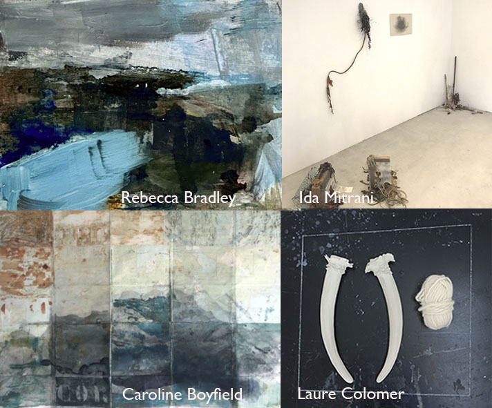 Cork / Brittany – Maritime | Wednesday 26 June  – Monday 2 September 2024 | Triskel Arts Centre | Image: a 2 x 2 grid of images by the four artists in the show; top left: a semi-abstract (?), very gestural (strong brushstrokes) rendering by Rebecca Bradley of what may be cliffs by the sea – though it may be a purely abstract work; top right: photo an installation by Ida Mitrani of five objects in a room; the ones nearer us look like old cameras or radios entangled with rope; two other works hang on the wall behind, and the final one looks like wooden pieces, stack / placed in a corner of the room; bottom left: a print or painting on paper by Caroline Boyfield; the surface appears to have been folded, like a map; this may be a depiction, again, of cliffs by the sea; bottom right: photo of a work by Laure Colomer – what look like a plastic version of tusks lie (or hang) on a black surface, inside the outline of a white square; to the right of the possible tusks but still in the square, there appears to be a white ball of knitting wool 