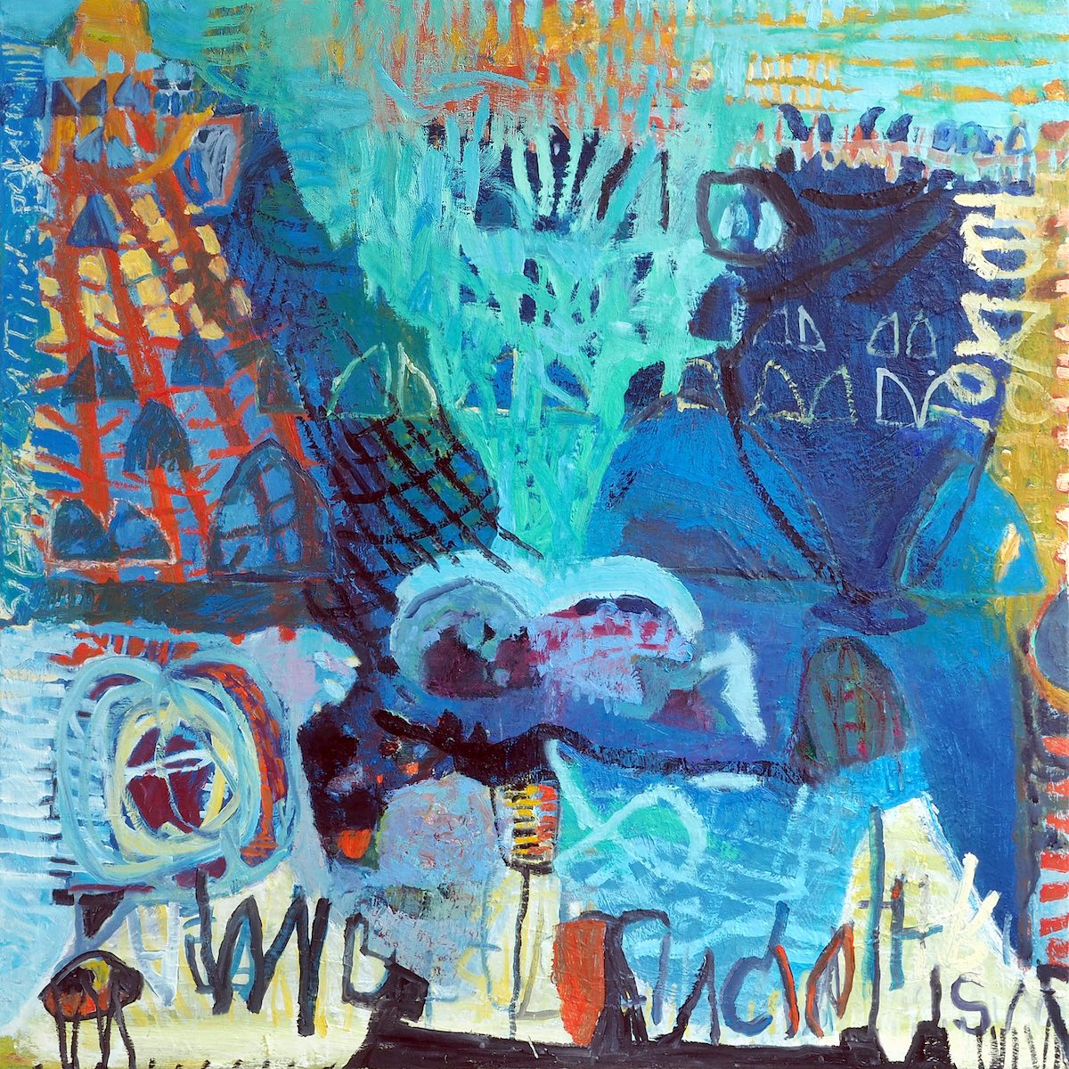 Catherine Weld, The Garden, oil on canvas | Uillinn Members and Friends Exhibition | Saturday 22 June  – Saturday 20 July 2024 | Uillinn: West Cork Arts Centre | Image: Catherine Weld, The Garden, oil on canvas | painting bright colours and mostly paint-heavy strokes; organic shapes overlap and overlay each other, though there is little that is very specific; towards the right edge, there is wha appears to be the shape of an urn – dark blue, but the colour and shape do not entirely agree; at the bottom there is a suggestion of words, in a sort of Basquiat-style script  