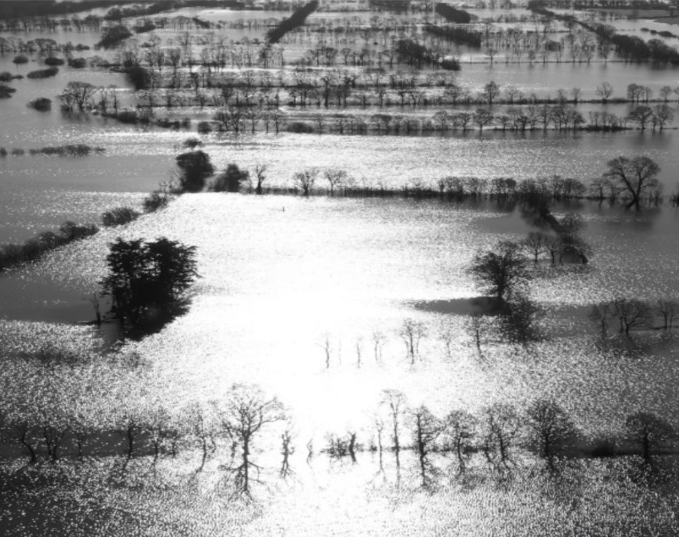Marie Hanlon & Rhona Clarke: LAST ACT, video still, 2024; duration 12. 29 mins | Marie Hanlon & Rhona Clarke: LAST ACT | Thursday 20 June  – Sunday 25 August 2024 | Limerick City Gallery | Image: Marie Hanlon & Rhona Clarke: LAST ACT, video still, 2024; duration 12. 29 mins | video still in black-and-white – likely a drone image of flooded fields in winter; we see only trees and hedgerows sticking up above the flooded fields, as far as the eye can see; there is bright sunlight reflected from the water 