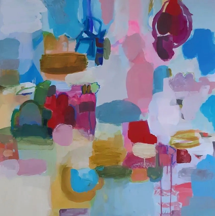 Mary A. Fitzgerald, Cave-dwellers, acrylic on canvas, 100x100cm | Pink is my colour – summer group show | Sunday 9 June  – Sunday 25 August 2024 | Olivier Cornet Gallery | Image: Mary A. Fitzgerald, Cave-dwellers, acrylic on canvas, 100x100cm | very hard to describe apart from saying that it is a painting of overlapping colourful splotches of various shapes and sizes and translucency, with some showing signs of brushstrokes; the colours are mostly quite saturated, so the mood is upbeat 