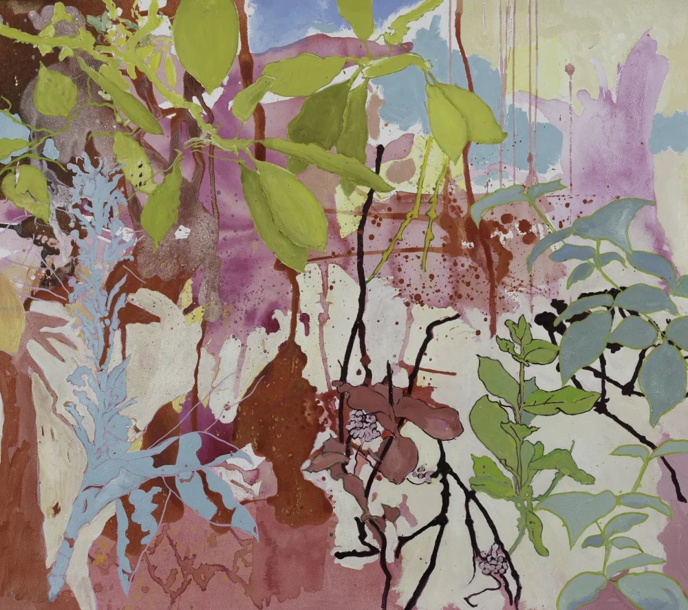 Maggie Morrison: Enduring, oil on paper, 66 x 76cm, 2024 | Maggie Morrisson: Apricity | Thursday 27 June  – Saturday 20 July 2024 | Solomon Fine Art | Image: mMaggie Morrison: Enduring, oil on paper, 66 x 76cm, 2024 | floral painting – various plant shapes across the surface, but also spashes and blotches 