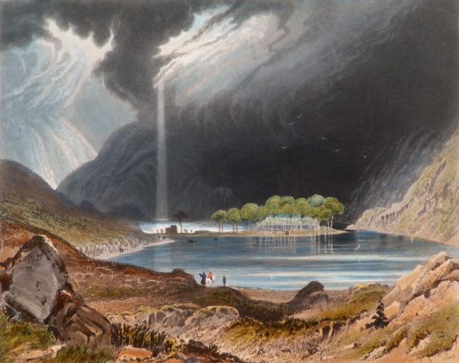 George Petrie, Gougane Barra, Co. Cork, 1835 | FROM SOURCE TO SEA | Saturday 22 June  – Sunday 22 September 2024 | Crawford Art Gallery | Image: George Petrie, Gougane Barra, Co. Cork, 1835 | engraving or watercolour? view of the lake at Gougane Barra from the east looking west; we see the island and buildings half-way down the lake; beyond are very dark mountains, with threatening clouds above, and a narrow, vertical shaft of light shining down from them onto the lake 