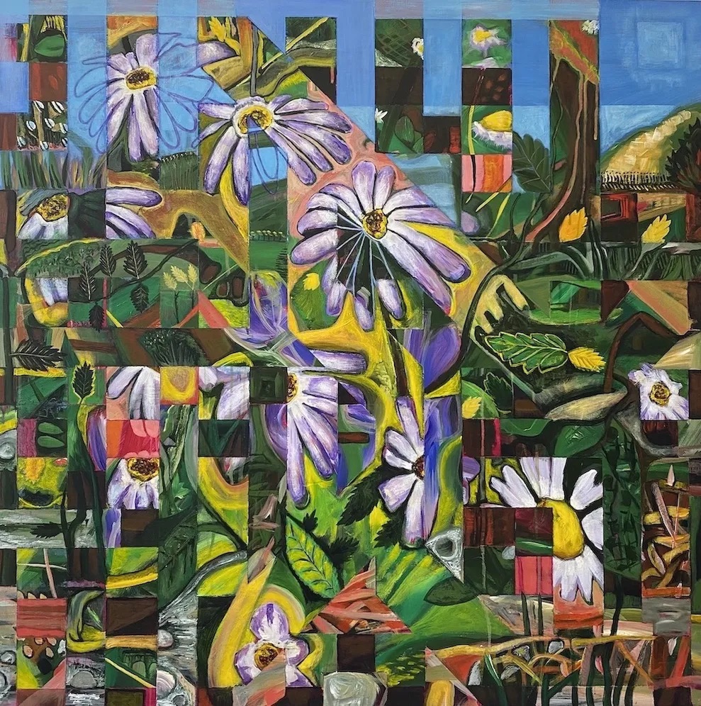 Bryan Gerard Duffy: A game of chess between an artist and a gardener, 2023 | Byran Gerard Duffy: Idle Walls | Saturday 20 July  – Saturday 31 August 2024 | GOMA Gallery of Modern Art | Image: Bryan Gerard Duffy: A game of chess between an artist and a gardener, 2023 | a painting – presumably – that is square or almost; bright colours, visible brushstrokes; there is an overall theme of garden – flowers and greenery, hints of terracotta, some sky towards the top; but it's as though the painting had been cut up into rectangular shapes and rearranged almost randomly; there is the occasional exception, where there is a diagonal shape, perhaps suggestion the move of a bishop or queen in chess  