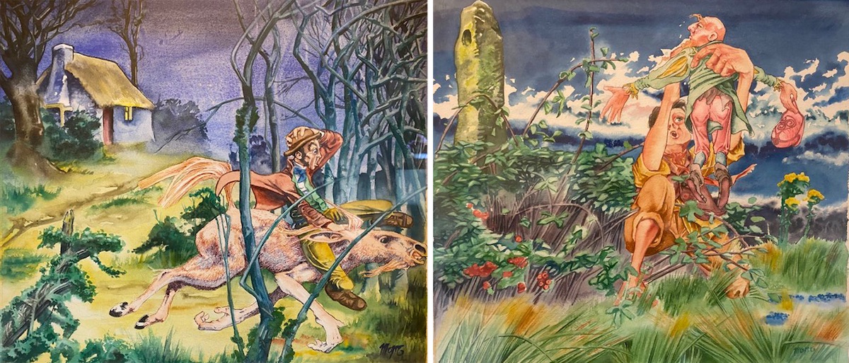 Murt McGarry: An exhibition of drawings and Illustrations | Sunday 4 August  – Wednesday 14 August 2024 | Wexford Arts Centre | Image: a pair of lively illustrations; the one on the left has a traditional thatched cottage in the background, signs of a woods in winter, grassy slop, and something very odd in the foreground: a man, gripping hat, coat-tails flying, is sitting on a beast as they tear through the landscape; the beast seems to be some sort of cross between horse, sheep?, and human – the human pat being the front ‘legs’ which are in the shape of human arms and hands; the second panel on the right suggests a stormy location in wild countryside; there is a standing stone in the background, and in the foreground someone is sitting or squatting and holding up a small human figure, bare bum to the wind – the figure could be taken for a young child, but the profile we see is of someone much older 