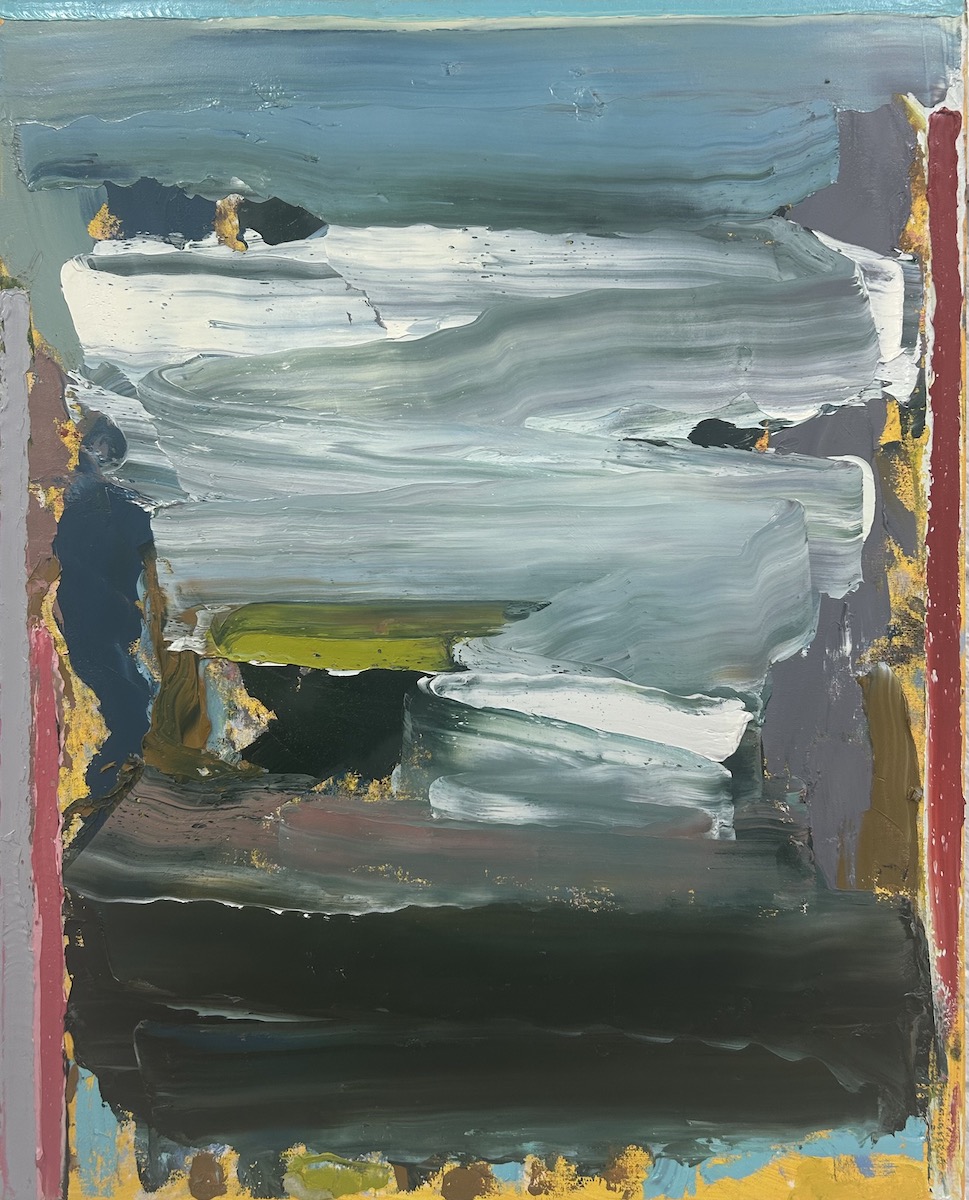 Eddie Kennedy: The Glistening Air, oil on canvas, 50 x 40 cm | Eddie Kennedy: Vocatus | Friday 2 August  – Saturday 31 August 2024 | Hillsboro Fine Art | Image: Eddie Kennedy: The Glistening Air, oil on canvas, 50 x 40 cm | what seems to be a heavily impastoed painting of – possibly – a seascape, though with land in the foreground, possible island, possibly also a figure to the left; thick, heavy brushstrokes, muted colours; there are two vertical strips of earth-red, on the bottom half of the canvas, on the left edge, and for most of the height of the canvas on the right edge; they appear to be part of the underpainting 