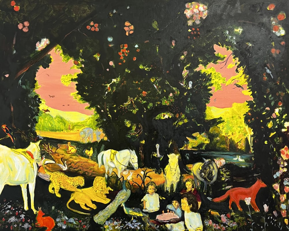 Serena Caulfield: An allegory of childhood birthday party, oil on canvas, 80 x 100cm, 2023 | Summer Group Exhibition | Thursday 25 July  – Saturday 24 August 2024 | Solomon Fine Art | Image: Serena Caulfield: An allegory of childhood birthday party, oil on canvas, 80 x 100cm, 2023 | lively painting in strong colours, featuring an unlikely menagerie – horses (with saddles), lion, leopard, peacock, chicken, hens?, rabbits, swans, fox?, children; the location is also fantastical – very dark, bushy trees, pure-pink sky, mostly-yellow landscape, lake and hills 