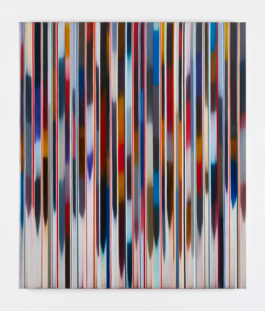 Mark Francis: Collating Field, 2024, oil on canvas, 214 x 183 cm | Mark Francis: Acoustic Oceans | Friday 12 July  – Saturday 24 August 2024 | Kerlin Gallery | Image: Mark Francis: Collating Field, 2024, oil on canvas, 214 x 183 cm | the painting consists of maybe fifty vertical bands of varying colour; some bands, particularly ones that are red, it seems, stretch all the way from top to bottom, while other bands vary in colour  – in fact they may have three or more colours in separate segments – and these also tend not to reach all the way to the bottom of the canvas; they are also more smeared or blurred; the canvas itself is taller than it is wide; the photo also shows some what wall around the canvas 