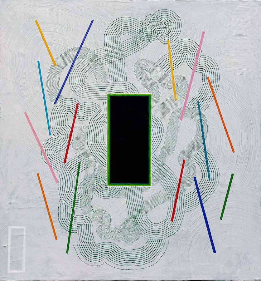 Aisling Conroy: SHRINE: PORTAL (2024); acrylic on wood; 72 x 76 x 2cm | Aisling Conroy: INCANTATIONS | Thursday 29 August  – Saturday 21 September 2024 |  | Image: Aisling Conroy. SHRINE: PORTAL (2024) ; acrylic on wood; 72 x 76 x 2cm | the painting is alost square; the background is a white-ish grey for the most part; in the middle of the canvas is a very black, green-bordered vertical rectangle, which is approximately a third of the height and a seventh of the width of the painting; a swirling pattern of parallel lines – something like you might see in a Bhuddist garden – surrounds the rectangle; this pattern, and a similar one that is smokier and has no lines, fill most of the painting, especially in the vertical dimension; then left and right of the rectangle are what look like slightly leaning poles in bright colours – thin rectangles of blue, red, pink, orange, etc.; bottom left is a small, white-bordered, empty vertical rectangle 