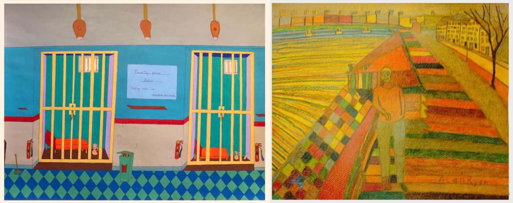 Left: Anne Crowe, Mountjoy Prison – Dublin, acrylic on paper, 84 x 60cm
Right: Alan Ryan, Alan on the New Ross Board Walk, pencil and ink on paper, 39 x 33cm | The Centre of Everything | Monday 26 August  – Friday 27 September 2024 |  | Images : Left: Anne Crowe, Mountjoy Prison – Dublin, acrylic on paper, 84 x 60cm; Right: Alan Ryan, Alan on the New Ross Board Walk, pencil and ink on paper, 39 x 33cm | the image on the left depicts two cells in Mountjoy, seem from a corridor, whose triangular blue-and-turquoise tiling we see going from one side to the other at the bottom of the artwork; light fixtures hang down from the ceiling above; in the cells we see  a bed, what may be a jug of water, and a high-up, small barred window; between the two cell doors, we see the title of the artwork written inside a pale-blue rectangle; the artwork on the right we see a central figure close to the bottom of the work, standing on what is a very multicoloured boardwalk; stretching into the distance on the right we see a road, bordered by a tree, a lamppost, a footpath, and a row of houses 