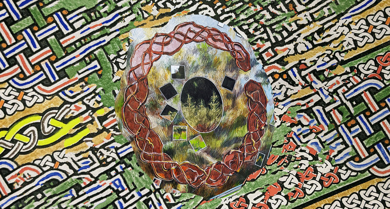 David Lunney, Fáinne, shirt design, 2023, Digital collage for t-shirt, Dimensions variable, Image courtesy of the artist. | David Lunney: Silver Thicket | Friday 6 September  – Sunday 6 October 2024 | Royal Hibernian Academy | Images: David Lunney, Fáinne, shirt design, 2023, Digital collage for t-shirt, Dimensions variable, Image courtesy of the artist. | the work appears as though hand-drawn and hand-painted; there is a background that is mostly Celtic-style interweavings; in the centre is a sort of discontinuity in the surface which introduces what seems to be mostly landscape, though there is also more interlacing, forming an almost-closed C shape and looking quite like a crown of thorns; within this C, there are what seem to be tiny square photos – though still hand-drawn – and in the very middle an oval depicting some conifers (?) against a black sky 