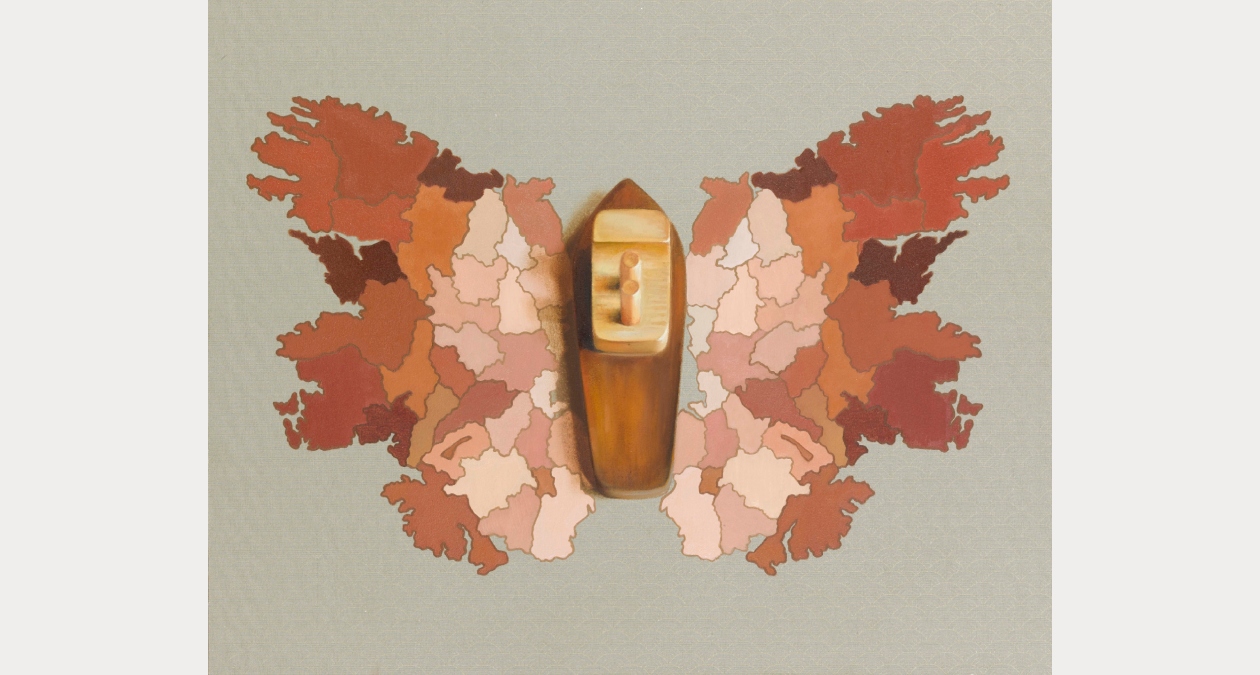 Vivienne Roche RHA, Fortress, Suomenlinna, 1991, Oil pastel on paper, 128 x 178 cm, oil pastel on paper, Image courtesy of the artist. | Jennifer Trouton: In Plain Sight | Friday 6 September  – Sunday 20 October 2024 | Royal Hibernian Academy | Image: Jennifer Trouton, One of Many (detail) 2019, Oil on paper mounted on board, 50 x 40cm, Image courtesy of the artist. | at first glance, this looks like a funky butterfly – but it turns out that the wings are upside-down maps of Ireland, showing the counties in various shades between red, brown, pink, and white; there appears to be some logic to the colours – the eastern colours are mostly pale, while Clare an Waterford are a dark brown; between the two maps is the ‘body’ of the butterfly, which consists of a toy boat in paler and darker wood, with two chimneys; the boat seems to be actual, rather than painted – if it is painted, it is very realistic 