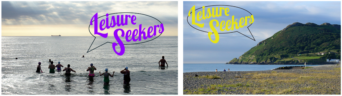 Harold Offeh: Leisure Seekers  | Saturday 21 September  – Saturday 23 November 2024 | Mermaid Arts Centre | Image: two postcard-like images side by side; each has superimposed on it a speech bubble with the words, in swirling script, ‘Leisure Seekers’; the text exceeds the bounds of the speech bubble; in the left image we see ten or eleven people in the sea, one or two of them swimming, the others standing to waist-deep in the water; there is some sunlight, and we see the reflection of the sun in ripples on the very calm sea; in the distance on the horizon and silhouetted against a pale-peach sky, we see a tanker 