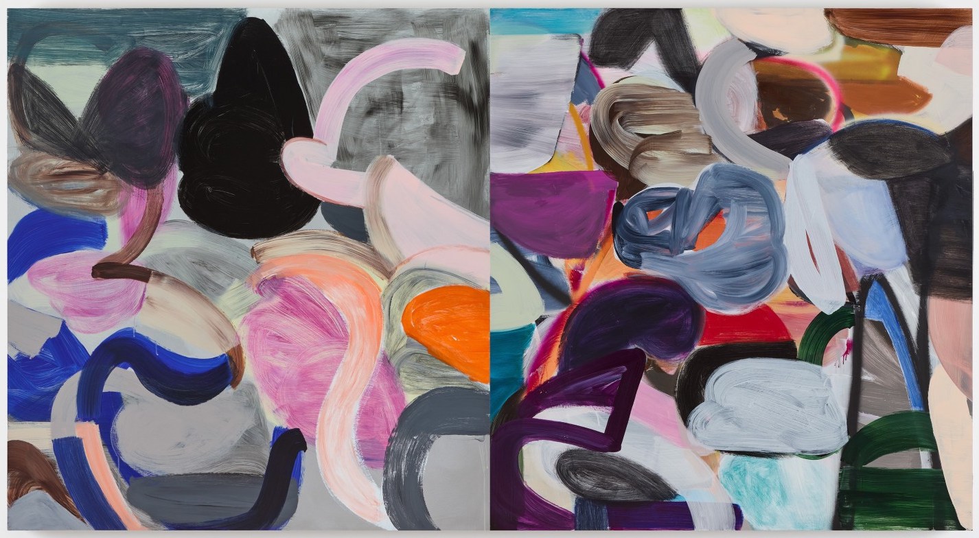 Liliane Tomasko: To shift a Shape, to shape a Shift, across a Line and causing no Rift, 2024, acrylic and acrylic spray on aluminium, two panels, 152.4 x 279.4 cm / 60 x 110 in, each panel 152.5 x 140 x 2.8 cm / 60 x 55.1 x 1.1 in | Liliane Tomasko: Twofold | Friday 13 September  – Saturday 19 October 2024 | Kerlin Gallery | Image: Liliane Tomasko: To shift a Shape, to shape a Shift, across a Line and causing no Rift, 2024, acrylic and acrylic spray on aluminium, two panels, 152.4 x 279.4 cm, each panel 152.5 x 140 x 2.8 cm | two panels, each a square or almost, right up against each other, left and right; on each panel we see cured shapes, somewhat tube-like in some cases, in colours that are mostly pastel, though some are darker, including black; it seems like a game of figuring out how to make shapes work together 