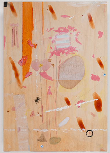 Louise Ward, Table, 2024, Aquarelle and collage on panel, 33 x 23 cm, Photo by Louis Haugh, Image courtesy of the artist. | Louise Ward: The Colour of the Day | Friday 6 September  – Sunday 17 November 2024 | Royal Hibernian Academy | Image: Louise Ward, Table, 2024, Aquarelle and collage on panel, 33 x 23 cm, Photo by Louis Haugh, Image courtesy of the artist. | most of the surface of the artwork seems to be that of the background wood on which we see various marks in white, orange, pink; there also seem to be marks that suggest a previous life for the wooden support as building material or similar; there is also a realistic-looking depiction of a black spider towards the middle of the board  