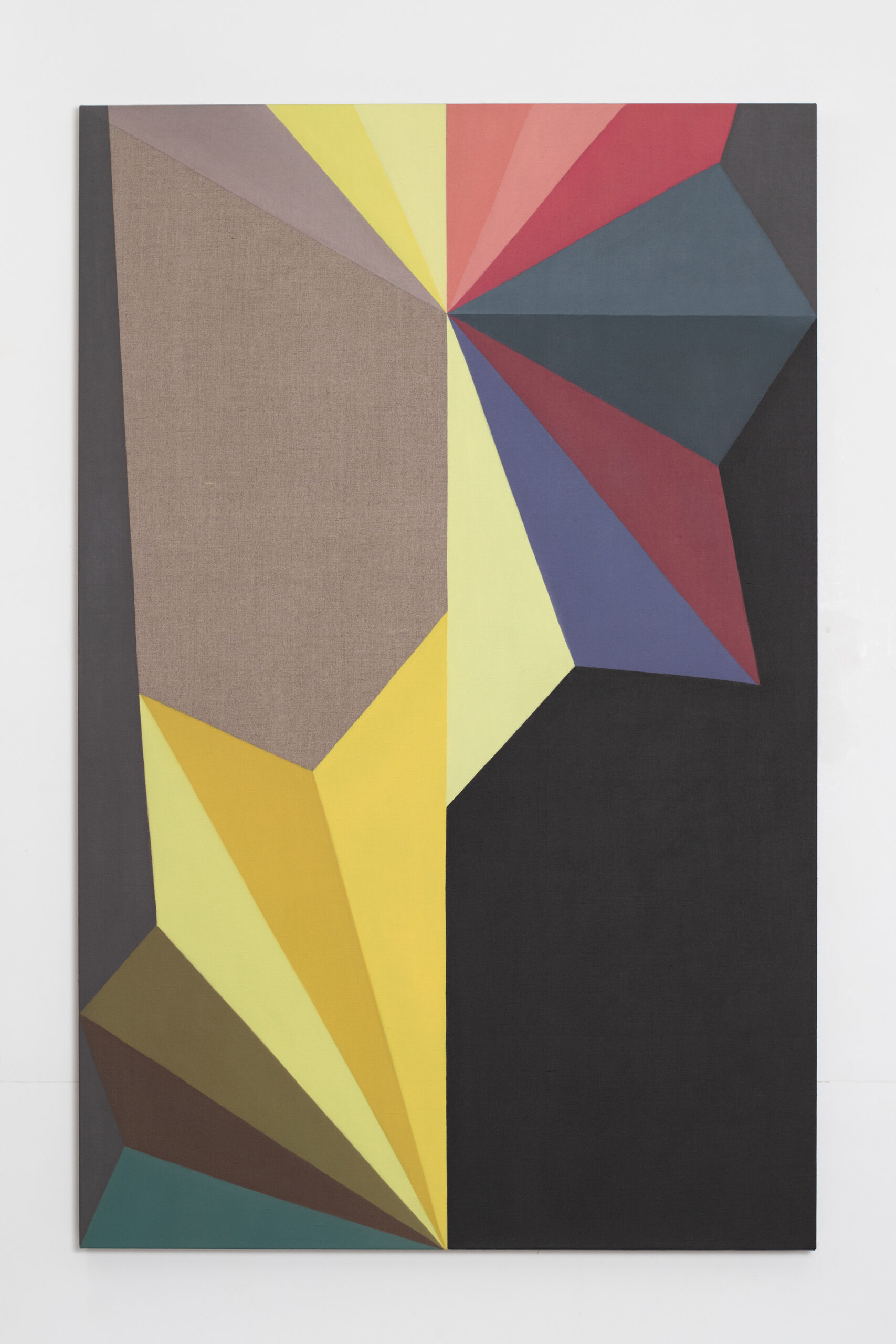 Orla Whelan: Earthshine #6, oil on linen, 140 x 90cm | Orla Whelan: Coloured into Shape | Thursday 5 September  – Friday 25 October 2024 | Hillsboro Fine Art | Image: Orla Whelan: Earthshine #6, oil on linen, 140 x 90cm | this is a tall canvas on which we see around 20 interlocking geometric shapes, all but one of them triangular, if we take the black and dark grey to the right and towards right-bottom to be background; the non-background shapes are each filled with their own colour, as a flat surface; the colours are mostly towards the pastel, the brighter colours being mostly towards the yellow 