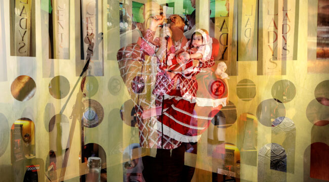 Austin Hearne: Raymo’s Spawn | Sunday 1 September  – Monday 11 November 2024 | Garter Lane Arts Centre | Image: we know from a different image on the Garter Lane website that the image involves a child in what looks like a cross between a Santa costume and a very flouncy dress being held by a big-band-style singer holding a mic while wearing a jacket of crisscrossing grey bands against a sparkly pinkish background; in the image here, that image is overlain by translucent patterns that are hard to identify, but involving circular and triangluar and lozenge shapes 