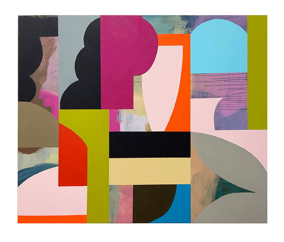 Mary O‘Connor: Retro, paint on linen, 116 x 137cm | Mary O’Connor: TEN | Saturday 31 August  – Saturday 28 September 2024 | SO Fine Art Editions | Image: Mary O‘Connor: Retro, paint on linen, 116 x 137cm | shapes, mostly with single or multiple curves, in strong colours for the most part; they interlock with each other; occasionally we see brhushmarks or more complex coloration 