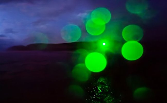 Vanessa Daws: Swimming a Long Way Together | Thursday 19 September  – Friday 22 November 2024 | The LAB | Image: photo taken at dawn or dusk; still mostly dark outside; in the distance we see a dark headland stretching out into the sea (presumably) from right towards the left, and behind it paling sky, blues, pinks, greys; between us and the headland – the bottom sixty percent of the image, the sea is dark with a tinge of pink; there is a suggestion of some wet land in the foreground; there is a burst of bright-green circles, caused possibly by the strong point of light we see two thirds of the way across the image horizontally and 60% up from the bottom of the image; the circles are all of equal size, but differ in their translucency; probably caused by drops of rain on the lense? 