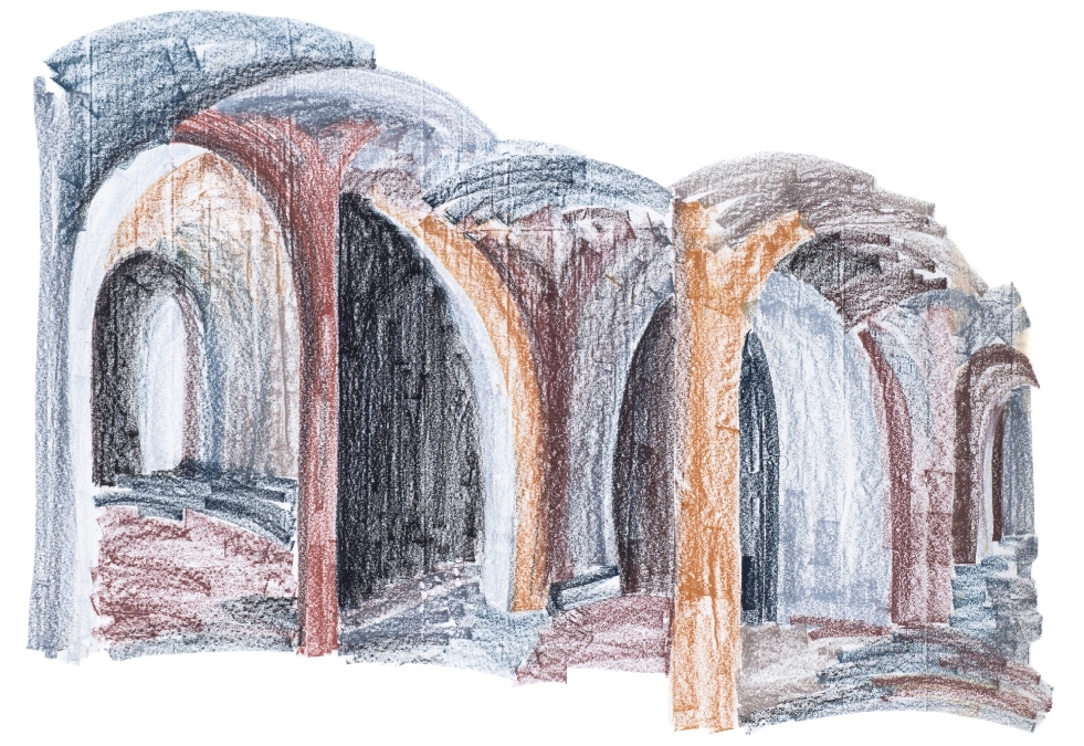 Vivienne Roche RHA, Fortress, Suomenlinna, 1991, Oil pastel on paper, 128 x 178 cm, oil pastel on paper, Image courtesy of the artist. | Vivienne Roche RHA: Abridged | Friday 6 September  – Sunday 17 November 2024 | Royal Hibernian Academy | Image: Vivienne Roche RHA, Fortress, Suomenlinna, 1991, Oil pastel on paper, 128 x 178 cm, oil pastel on paper, Image courtesy of the artist. | drawing of a series of arches, in tones from ruddy red to greyish blue to raw sienna; it is difficult to work out how the arches interrelate 