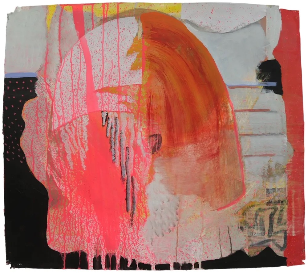 Eamon Colman: Drift wherever the wind blows, Cuckoos call moves south | Eamon Colman: Harmony in Diversity: Nature’s Circular Dance | Thursday 29 August  – Saturday 21 September 2024 | Solomon Fine Art | Image: Eamon Colman: Drift wherever the wind blows, Cuckoos call moves south | abstract work, appears to be a mix of paint and collage; a luminous pink appears to have trickled towards both top and bottom of the artwork; it seems to have pooled in a sort of elongated, tilted diamond shape, after having been spattered onto the surface; we also see alarge brushstroke that is mostly orange; there seems to be some newsprint glue on bottom right; and more