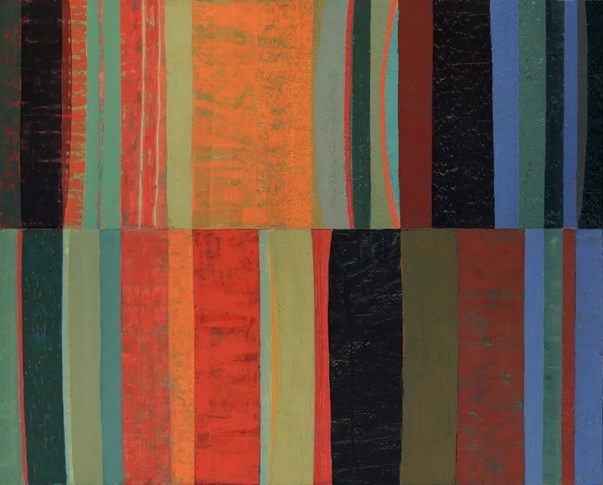 



Joe Dunne RHA, Earth Song 12 - Night Heat, egg / oil tempera on paper, 32.2 x 40.7 cm







 | Joe Dunne RHA: Earth Songs and Colour Poems | Sunday 8 September  – Thursday 3 October 2024 | Olivier Cornet Gallery | Image: Joe Dunne RHA, Earth Song 12 - Night Heat, egg / oil tempera on paper, 32.2 x 40.7 cm | the image is segmented horizontally half way up the paper; above and below are vertical bars of earthy or organic colours, mostly in wide-to-narrow vertical bars or bands, though there is one more bowed band in orange in the top half of the artwork; the bars of colour stretch from top to bottom within their horizontal segment; some are textured, possibly by the surface of the paper  