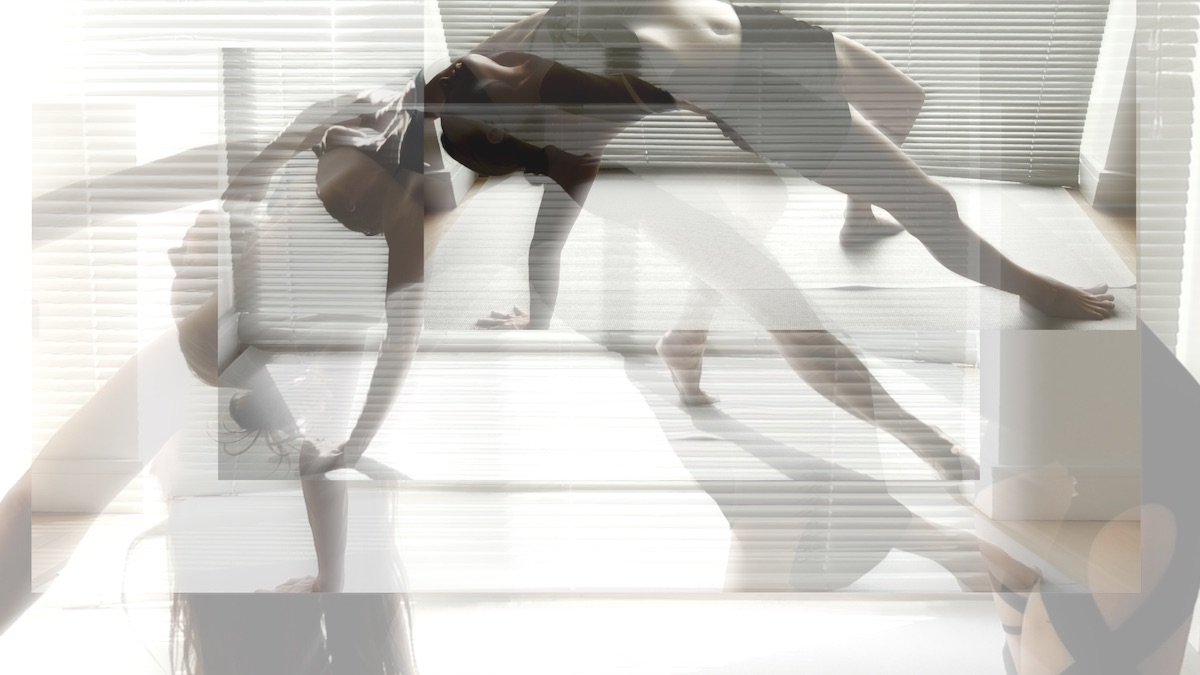 Gina Peyran Tan: An Embodied Monologue | Saturday 10 August  – Saturday 7 September 2024 | SIRIUS | Image: superimposed / multiple exposure images of (presumably) the artist in various primarily horizontal dance- or workout-like poses; there’s a hint of a floormat and of a full-height window – its light partially blocked by a narrow-strip venetian blind – behind the figure 