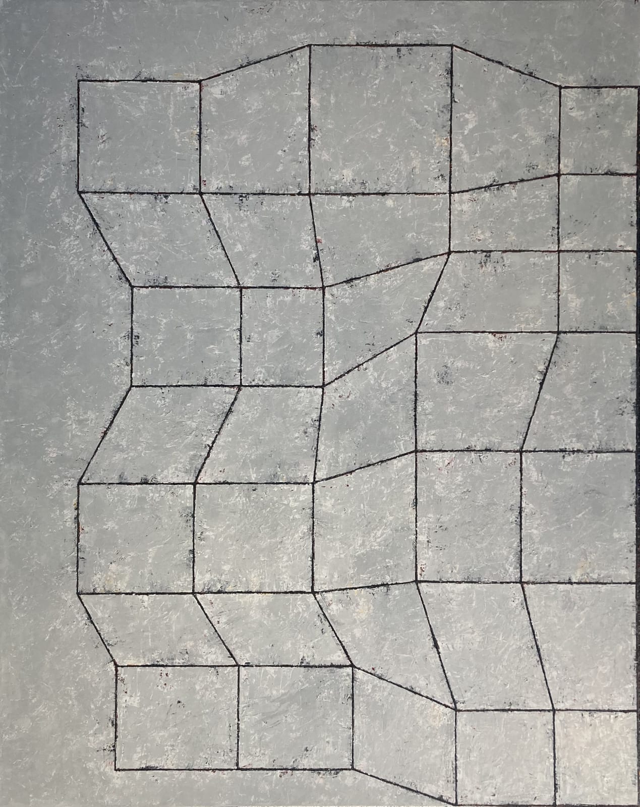 Charles Tyrrell: CG2.22, 2022, oil on canvas, 188 x 150cm | Summer Group Show – Gallery + Specially Invited Artists | Wednesday 31 July  – Saturday 7 September 2024 | Taylor Galleries | Image: Charles Tyrrell: CG2.22, 2022, oil on canvas, 188 x 150cm | the background is grey, looking like rough concrete; but the sense of a background is also distorted by the black grid lines that are superimposed; these lines, which are widely spaced, distort the background into an unstable, three-dimensional space 