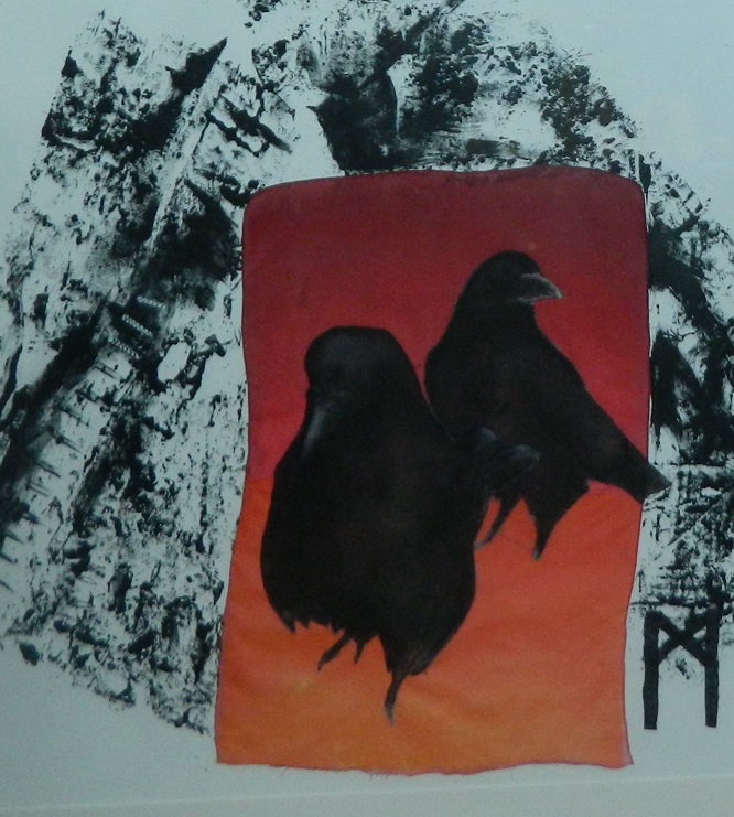 Vivienne Bogan: Spontaneous Self | Thursday 12 September  – Sunday 10 November 2024 | Limerick City Gallery | Image: the background is grey, with photographic image or an imprint of some sort on it; over that, somewhat off-centre and towards the bottom right, is a ruddy red (top)to pale-ish orange (bottom) wobbly vertical rectangle; filling most of this this rectangle – though the tail of one protrude – are two crows / ravens, on the ground, though the ground is not represented 