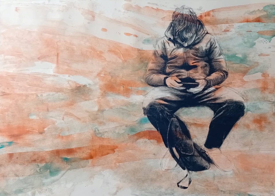 Caterina Rossi: Metro Rome #3, 51 × 74cm, charcoal and pigments on paper; © the artist | Caterina Rossi: Urban Time | Saturday 14 September  – Sunday 20 October 2024 | College Lane Gallery | Image: Caterina Rossi: Metro Rome #3, 51 × 74cm, charcoal and pigments on paper; © the artist | the background in this artwork looks very much like it could be marble – splashes and strokes of orange and green and s9me rey against a white background; well towards the right we see a seated figure, clothed, viewed front in front and drawn in charcoal; the figure is looking down, probably engaged with a mobile phone that the hands appear to be holding; clothes seem to be hoodie, jeans and runners; there also seems to be a bag resting by the inner right foot; we don’t see the face properly, just cheeks and nose; the hair is in quite short swirls; the style is representational  