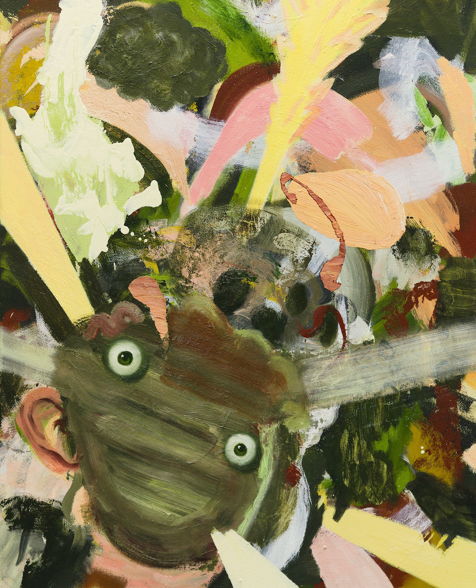 Kevin Mooney: Tuberclerosies | Saturday 14 September  – Wednesday 20 November 2024 | Luan Gallery | Image: painting by Kevin Mooney | intriguing, disorganised blobs of paint, mostly in fairly muted colours; towards the bottom left is something that is somewhat head-shaped, and it could be taken as someone looking upwards towards us, as though we are looking down on the canvas; this ‘face’ is in murky brushtrokes which define no features, but onto this murk are placed to widely separated, painted googlie eyes, and the possible-person’s right ear is attached at their right; behind the head there is a hint of a skull – two eye sockets and a nose socket, and a bit of a curve of a skull; you could be forgiven for thinking that there are rays of something emanating from the googlie-eyed head 