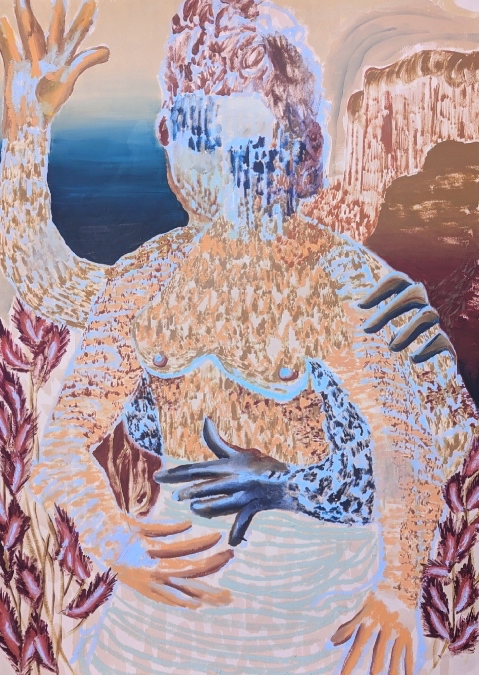 Eleanor McCaughey, Many hands make light work, 2024, Oil, crayon and gouache on Fabriano paper, 70 x 100cm, Courtesy of the artist | Eleanor McCaughey: A sea change, into something rich and strange | Friday 11 October  – Sunday 10 November 2024 | Royal Hibernian Academy | Image: Eleanor McCaughey, Many hands make light work, 2024, Oil, crayon and gouache on Fabriano paper, 70 x 100cm, Courtesy of the artist | appears to be a seated figure with four arms and hands, one of them blue … in fact, there are five hands, a blue-ish-brownish one appearing on the left upper arm of the figure; the face can’t be made out properly as it is covered in a white splodge, blue patterning, orange-and-pale-orange dabs, etc – there is a lot of patterning, some of it in the shape of leaves (purple-ish), some of it less identifiable, but all fairly organic; we see what may be breasts, and what may be a skirt; there is a strong blue behind the figure, on the left, and a hint of a hill or something like that on the right, behind 